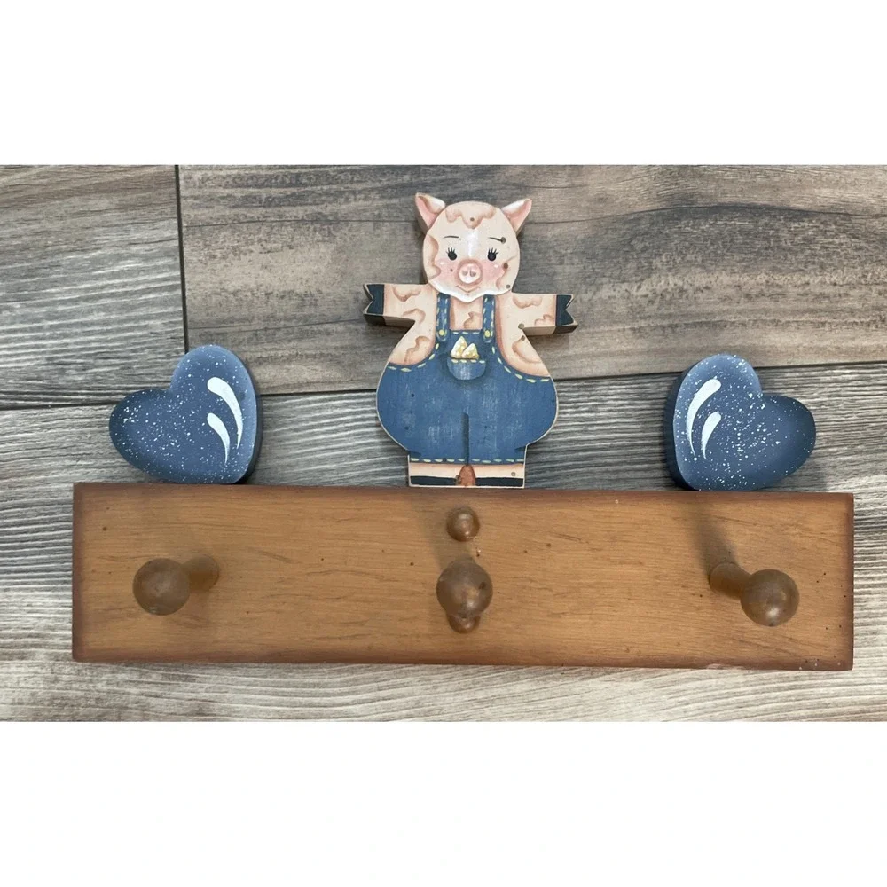 Wood Wall Mounted Coat & Hat Rack, 3 Hooks, Blue Heart & Pig Accents Cottage
